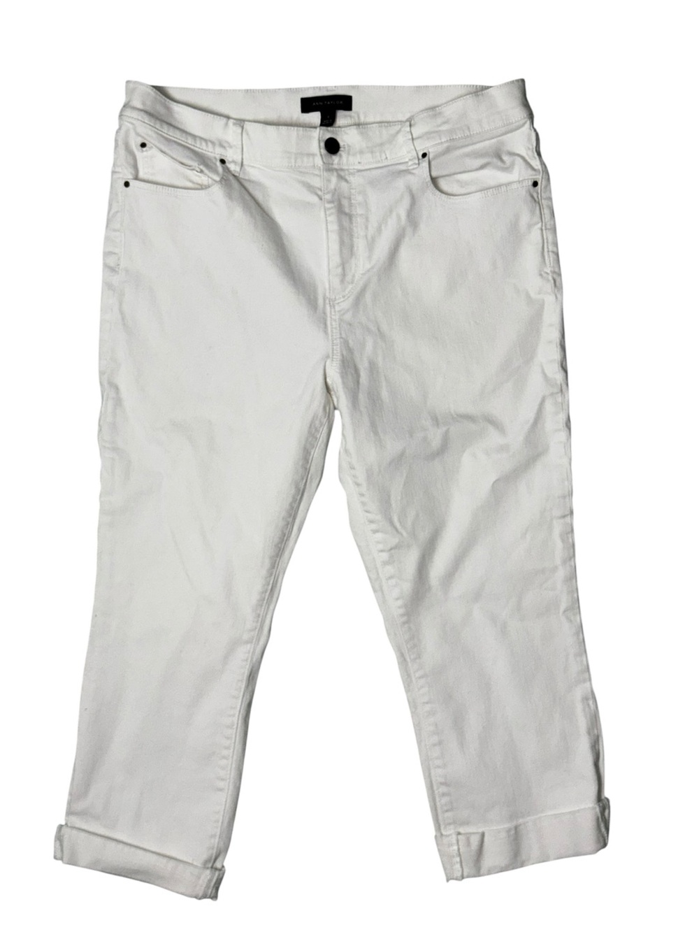 Ann Taylor White Denim Capri Pants Womens 12 Stretch Crop Jeans Cuffed Hem⁠
